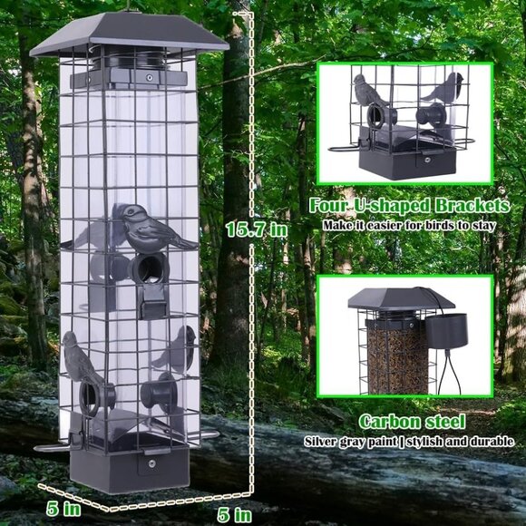Squirrel Proof Metal Wild Bird Feeder (3LB) 4 Ports for Outside Hanging (Gray) - Picture 2 of 7